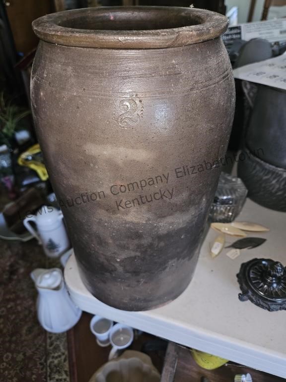 2 gallon stoneware crock with a hairline