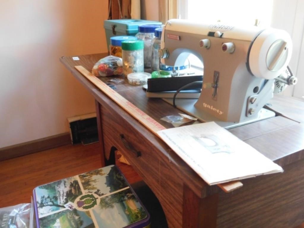 Gaity Sewing Machine, table, seat & Misc Notions &