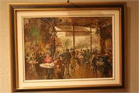 Framed oil painting of a cafe, signed M. Passoni