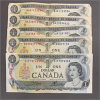 (5) 1973 Bank of Canada 1 Dollar Notes