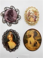 4 Antique Style Pictorial / Portrait Brooches