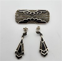 Sterling Enamel & Marcasite Brooch & Earrings