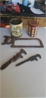 Lot antique tools and cans