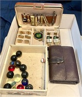 Men's jewelry, box of marbles,