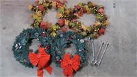 2 Fall Wreaths, 2 Christmas Wreaths w/Hangers