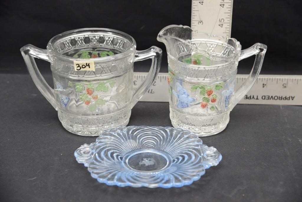 CREAMER, SUGAR BOWL, BLUE GLASS PLATE