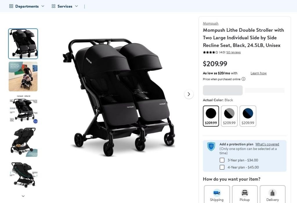 N3149  Mompush Lithe Double Stroller Black 24.5L