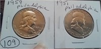 1951 & 1959 Franklin silver half dollars