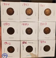 9 old indian head pennies 1880-1908