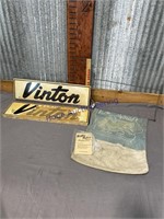 VINTON HYBRID CLOTHESPIN BAG, (2) VINTON TIN SIGNS
