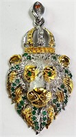Xtra Lg. Solid Sterling/Gold Emerald Lion Pendant