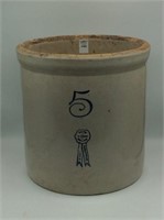 5 Gal Stoneware Crock Front Marked Blue Ribbon