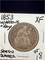 1853 Seated Quarter with Arrows & Rays-XF