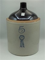 5 Gal Crock Jug Front Marked Blue Ribbon