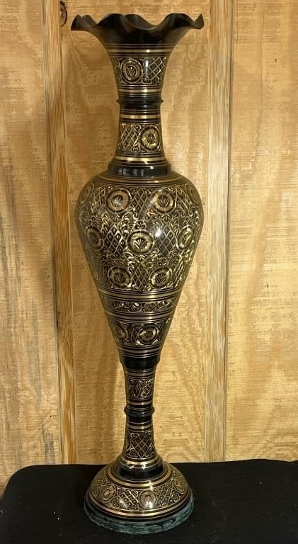 Tall Ornately Etched Black Brass Floor Vase