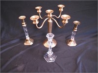 Candlesticks including pair of brass and crystal,