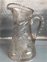 10 INCH CRYSTAL PITCHER.  FLOWER ETCHING