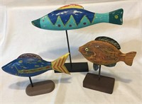 Three Wooden and Metal Fish on Stands