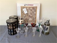 Wine board kit, martini glasses, and glass decor