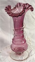 Cranberry handblown ruffled glass vase