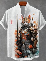 Japan Lucky Koi Cat Warrior Ink Painting Shirt Men