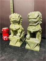 Green Stone Carved Foo Dog Statues X 2