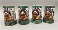 4 Indigenous Indian Chief Pottery Mugs Steins
