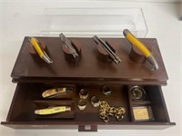 KNIFE DISPLAY BOX W/JEWELRY COINS RINGS FULL