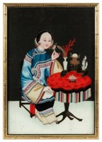 Reverse Glass Painted Asian Painting of Woman.