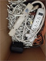 Box of clear Christmas Lights, cords & timers