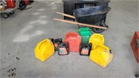 Wheel Barrow, Jerry Cans, Oil