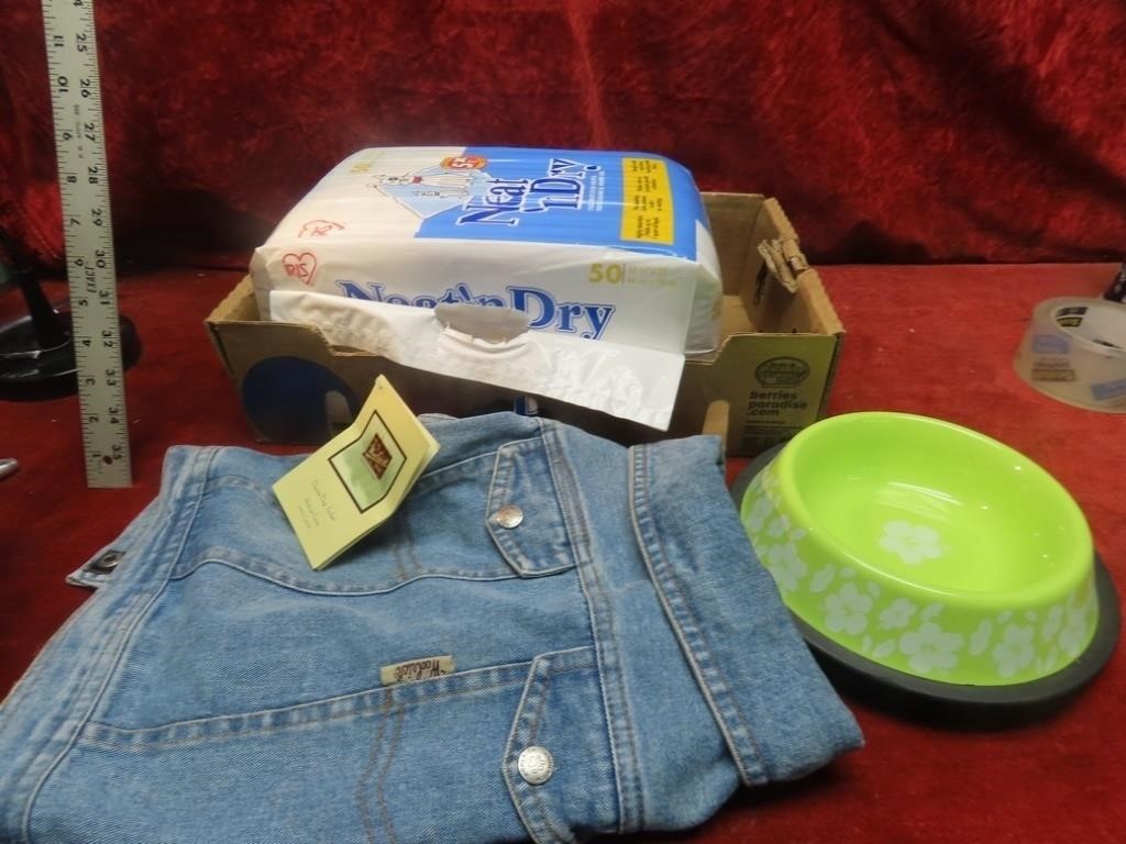 Neat & Dry  pet pads, food bowls, dog jacket.