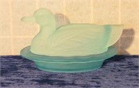 Westmoreland glass duck on nest blue mist satin