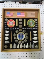 DISPLAY OF MILITARY & INDIAN ARTIFACTS - 63 PIECES