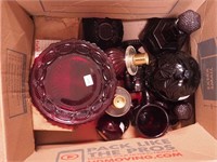 Box of Cape Cod red glassware and meat grinder