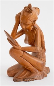 Signed Balinese Wood Sculpture of a Seated Beauty