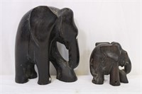Pair Ebony Wood Carved Folk Art Elephants