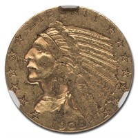 1909-S $5 Indian Gold Half Eagle XF-45 NGC