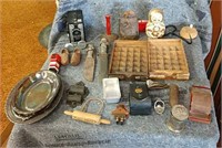 Army knives, wooden shoes, antique cyclist cup,
