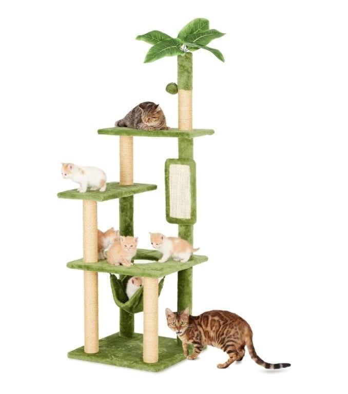 55" Cat Tree for Indoor Cats with Green Leaves,