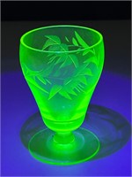 Three small embossed green uranium glasses