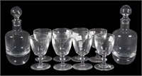 2 CUT GLASS DECANTERS WITH 8 SHERRY GLASSES