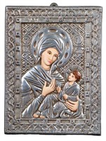 SILVER PLATE MADONNA  AND CHILD ICON