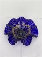RARE 1890s Cobalt Glass Hand Painted Ruffled Dish