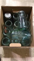 Box lot of 14 Aqua glass ball jars with 1 lid,