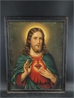 Antique framed picture of the Sacred Heart 21.5" x