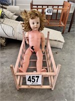 Wooden doll bed & vintage doll