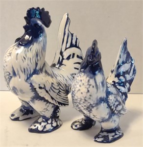 Ceramic Decorative Blue/White Roosters, Tallest