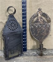 Tin lantern w/ glass sconce & early tin candle