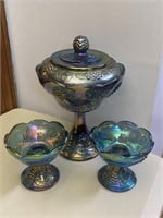 Carnival Glass Covered Compote & Candle Holders